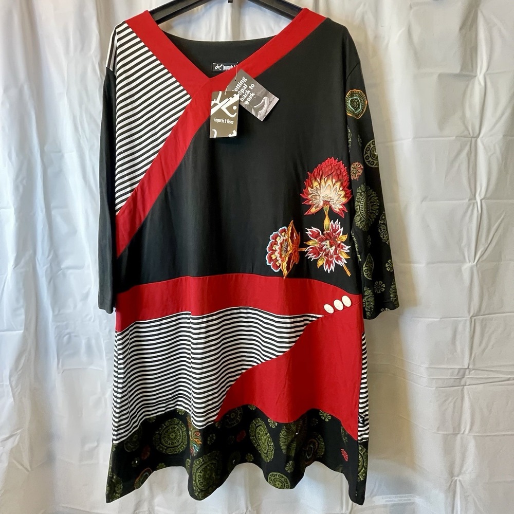 Leopards & Roses Women Size 1XL Dress /Tunic Artisanal Embellished Art To Wear